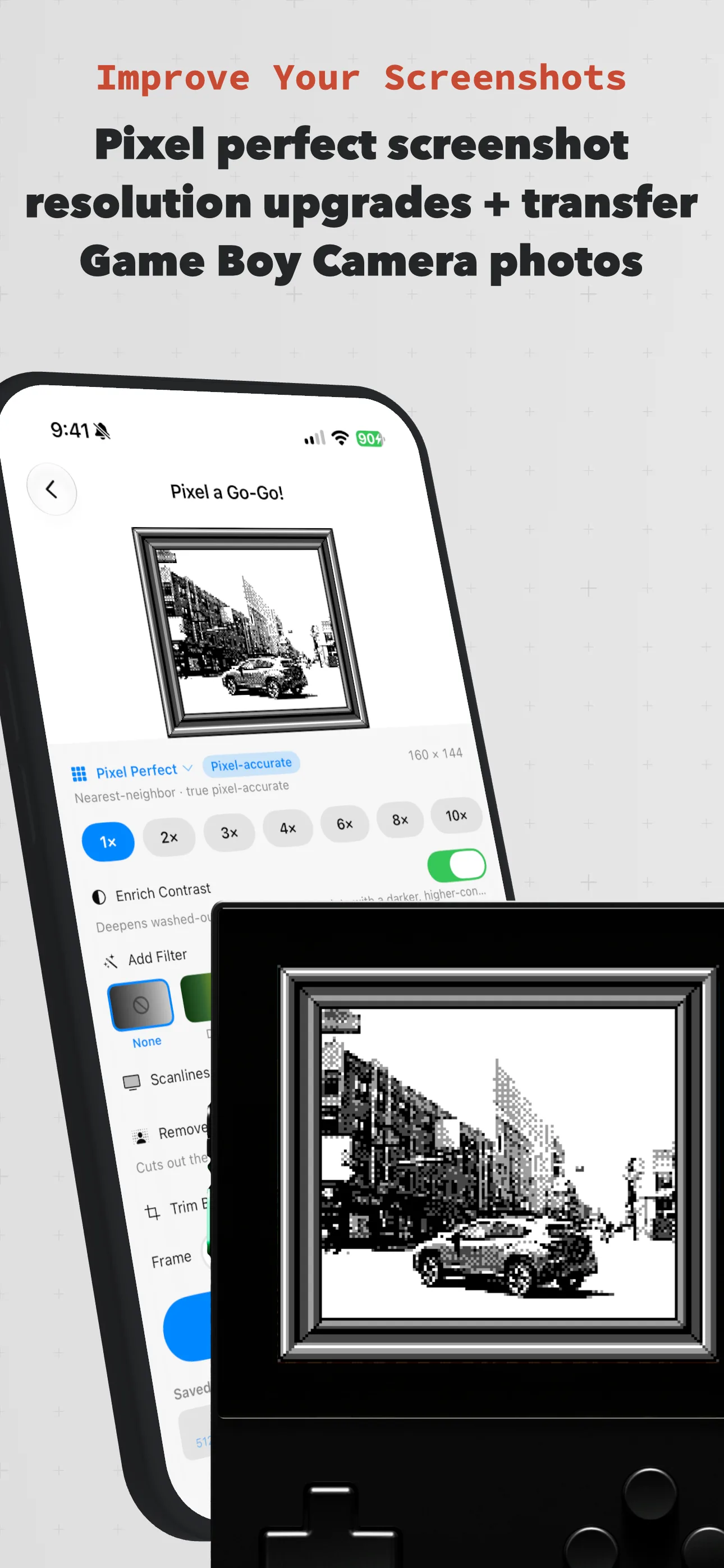 Pixel a Go-Go! upscaling a Game Boy Camera photo to a pixel-perfect, high-resolution image.