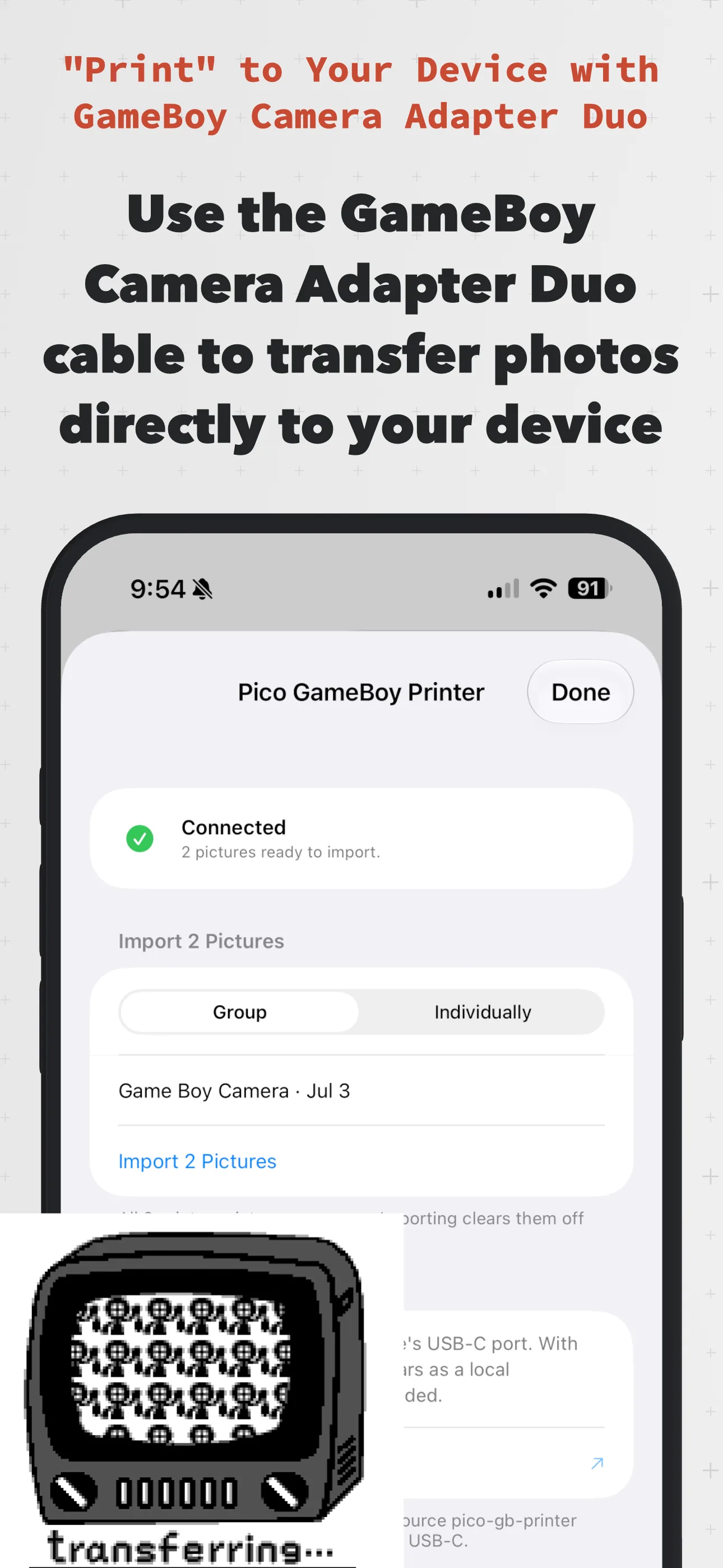 Importing photos over USB-C with the Game Boy Camera Adapter Duo.