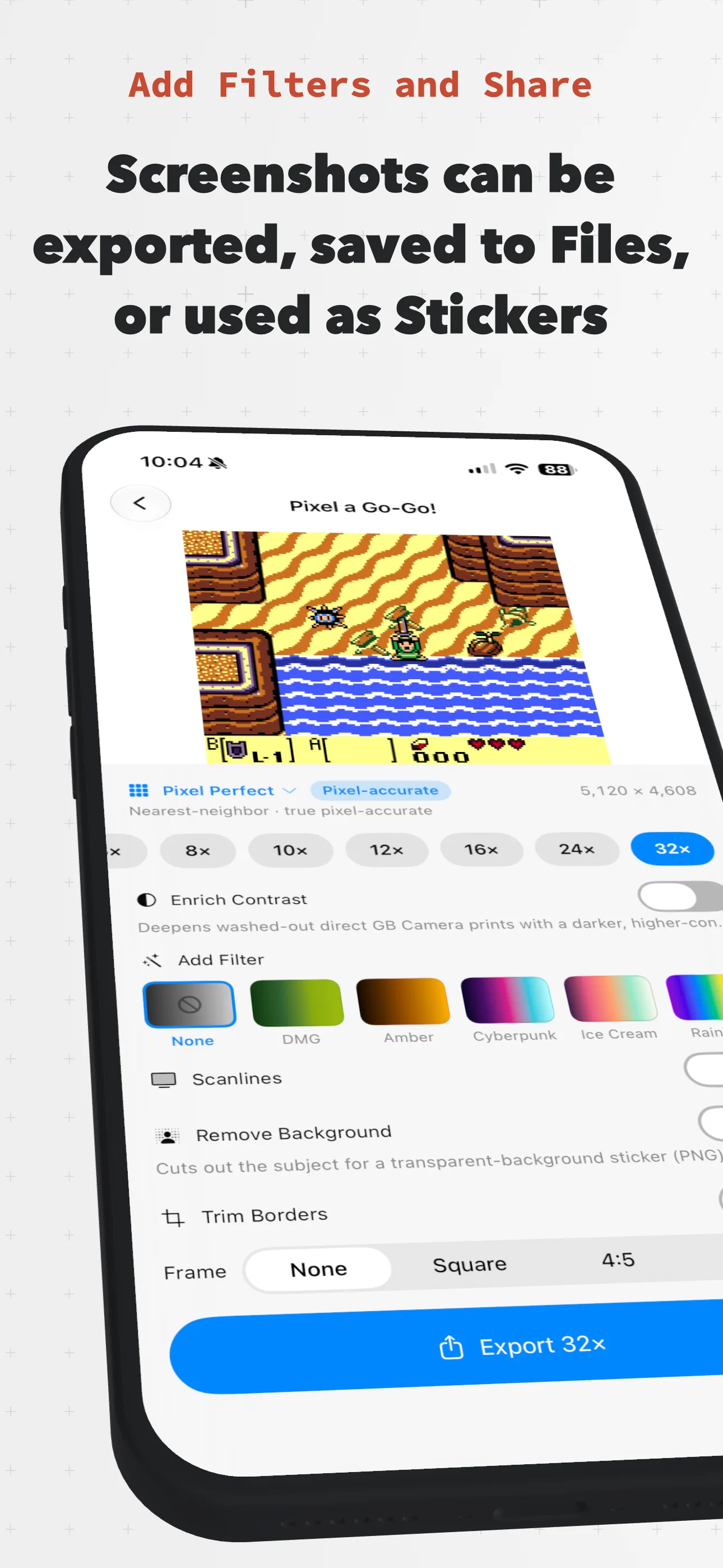 The editor showing upscale multipliers, retro filters, scanlines, and export options.