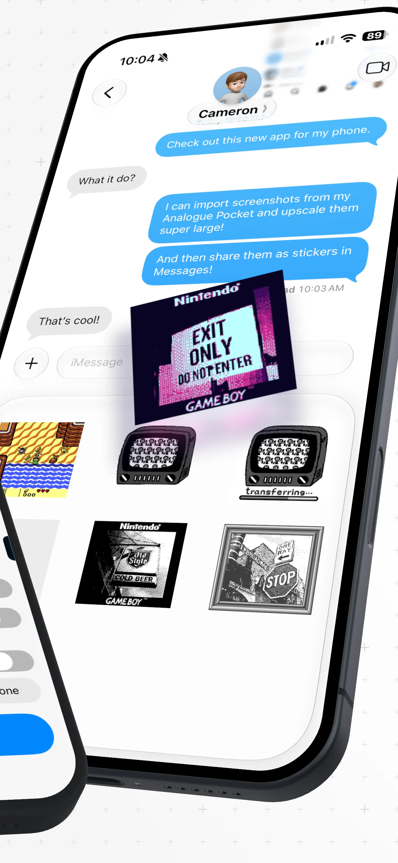 Sending upscaled retro screenshots as stickers in a Messages conversation.