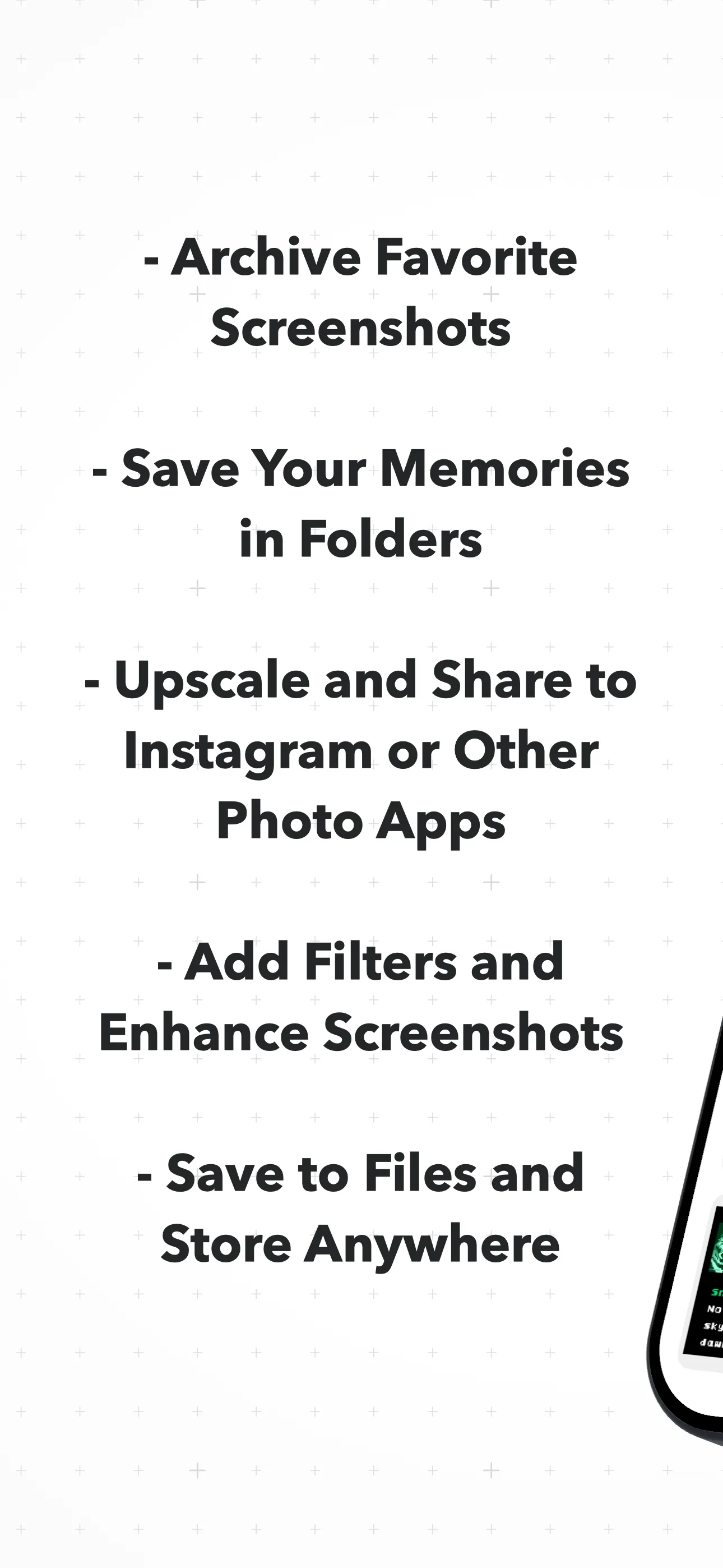 Feature list: archive favorites, save memories in folders, upscale and share, add filters, save to Files.