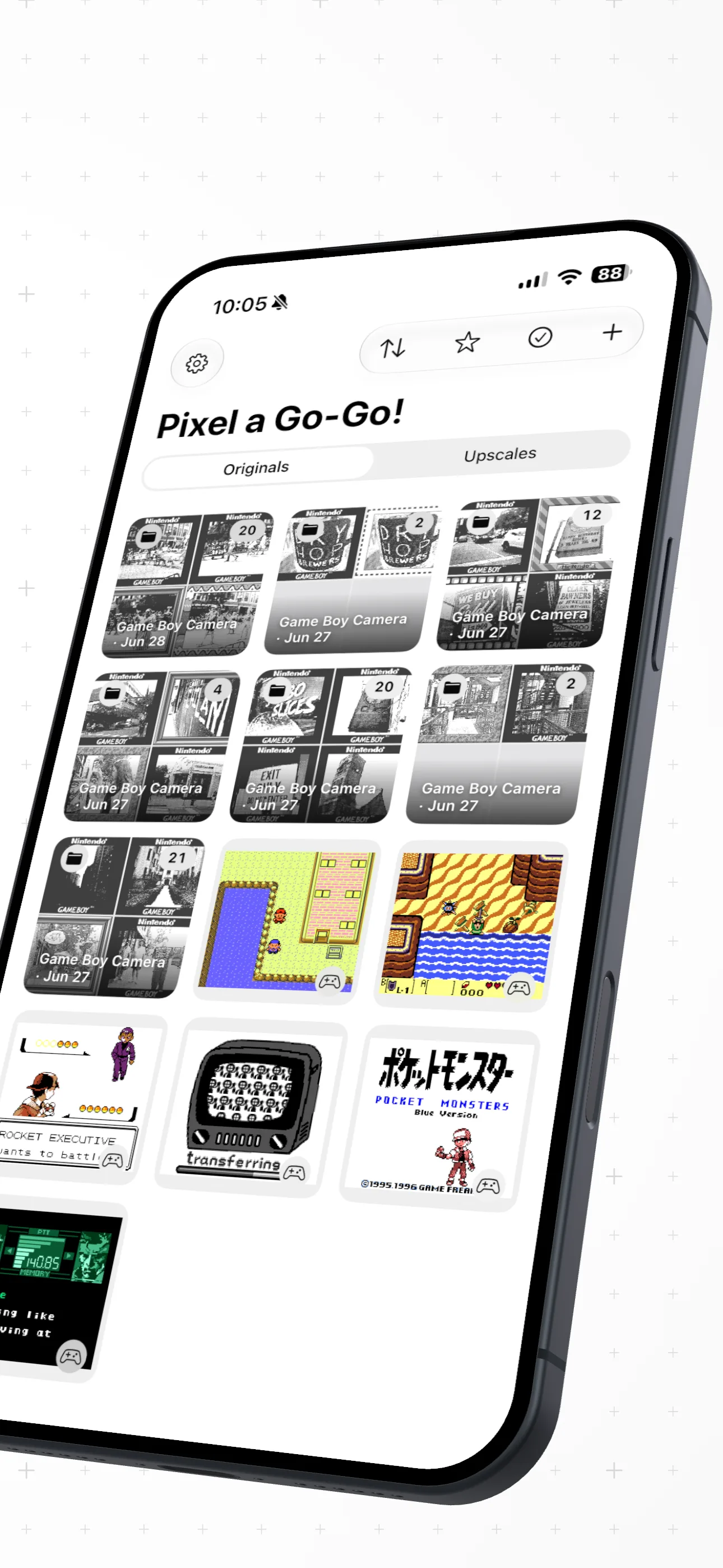 The library grid of imported originals and upscaled screenshots in Pixel a Go-Go!.
